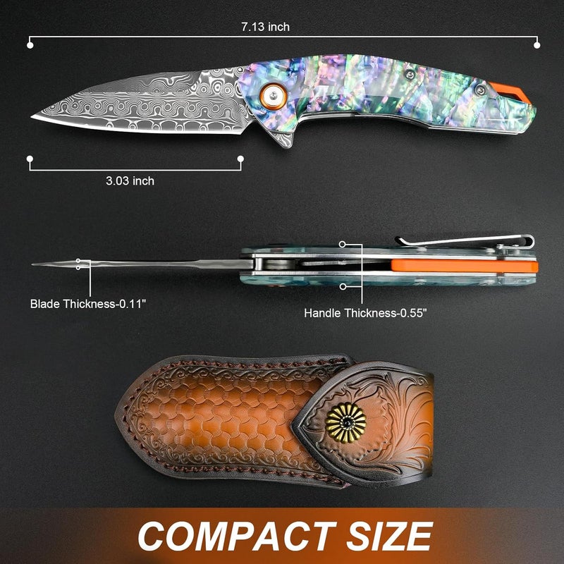 Zingbee Damascus Pocket Knife, 3.03" VG10 Damascus Steel Blade Folding Knife with Abalone Shell Handle, EDC Camping Knives for Outdoor Indoor, Gifts for Women Men - Image 2